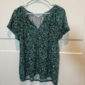 LOFT Women Green Floral Print Short Sleeve V Neck Blouse Top M Cottagecore